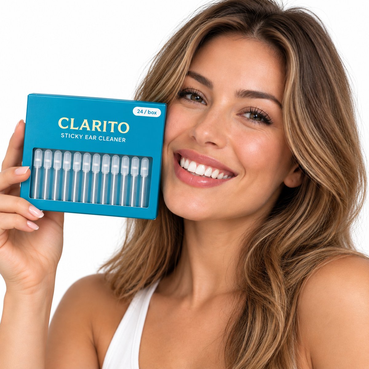 Smiling woman holding a box of CLARITO Sticky Ear Cleaner
