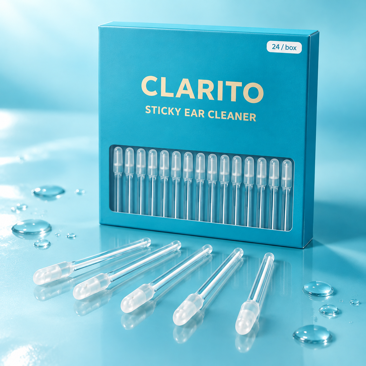 CLARITO Sticky Ear Cleaner box with sticks on an aqua background