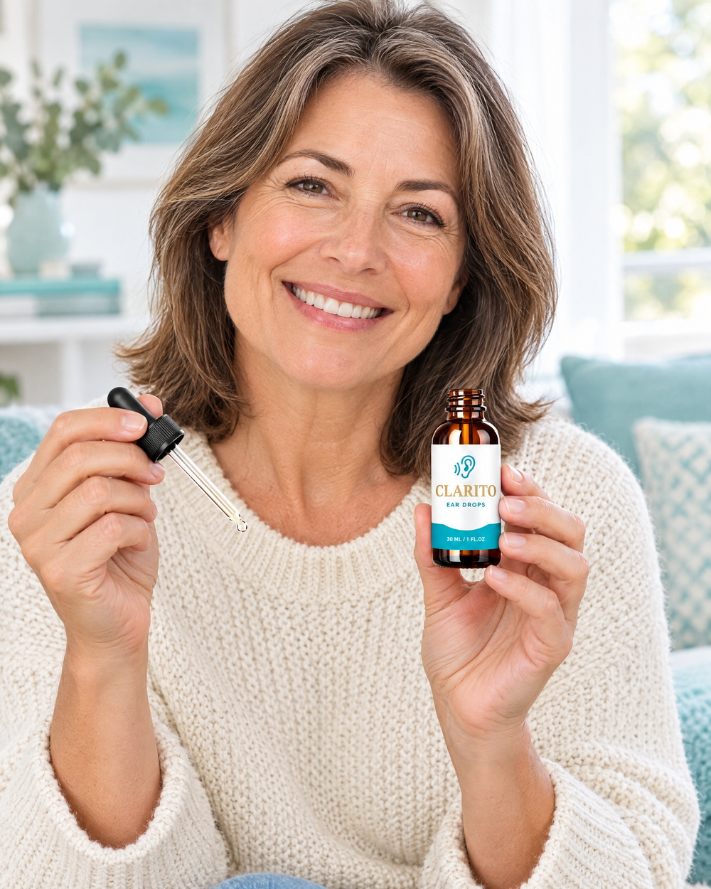 Woman holding a bottle of CLARITO Ear Drops and its dropper