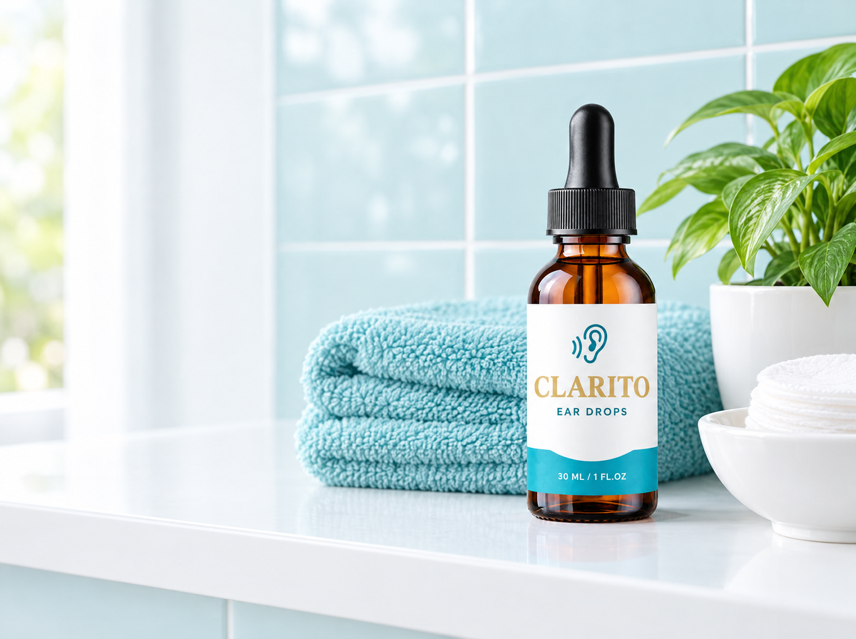 CLARITO Ear Drops on a bright bathroom shelf