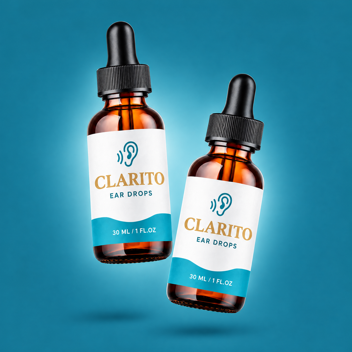 Two bottles of CLARITO Ear Drops on a teal background
