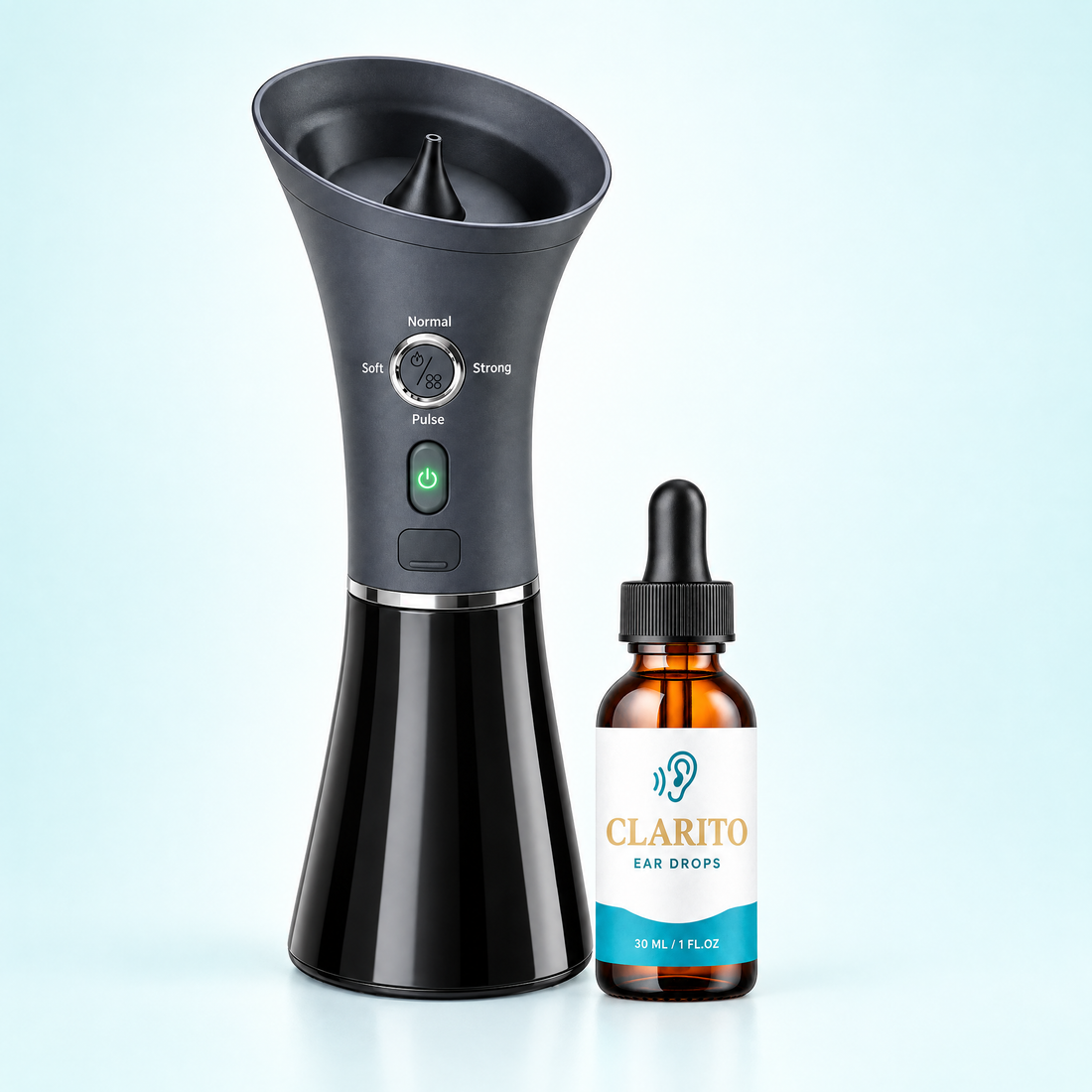 CLARITO Ear Drops next to the CLARITO Ear Washer