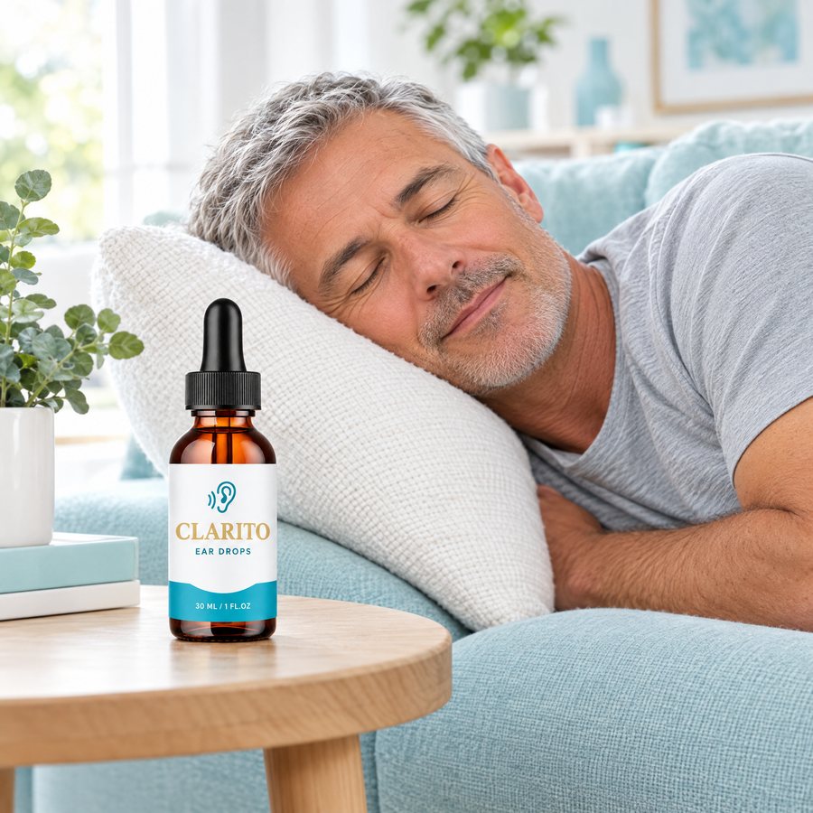 Man lying on his side with CLARITO Ear Drops on the table