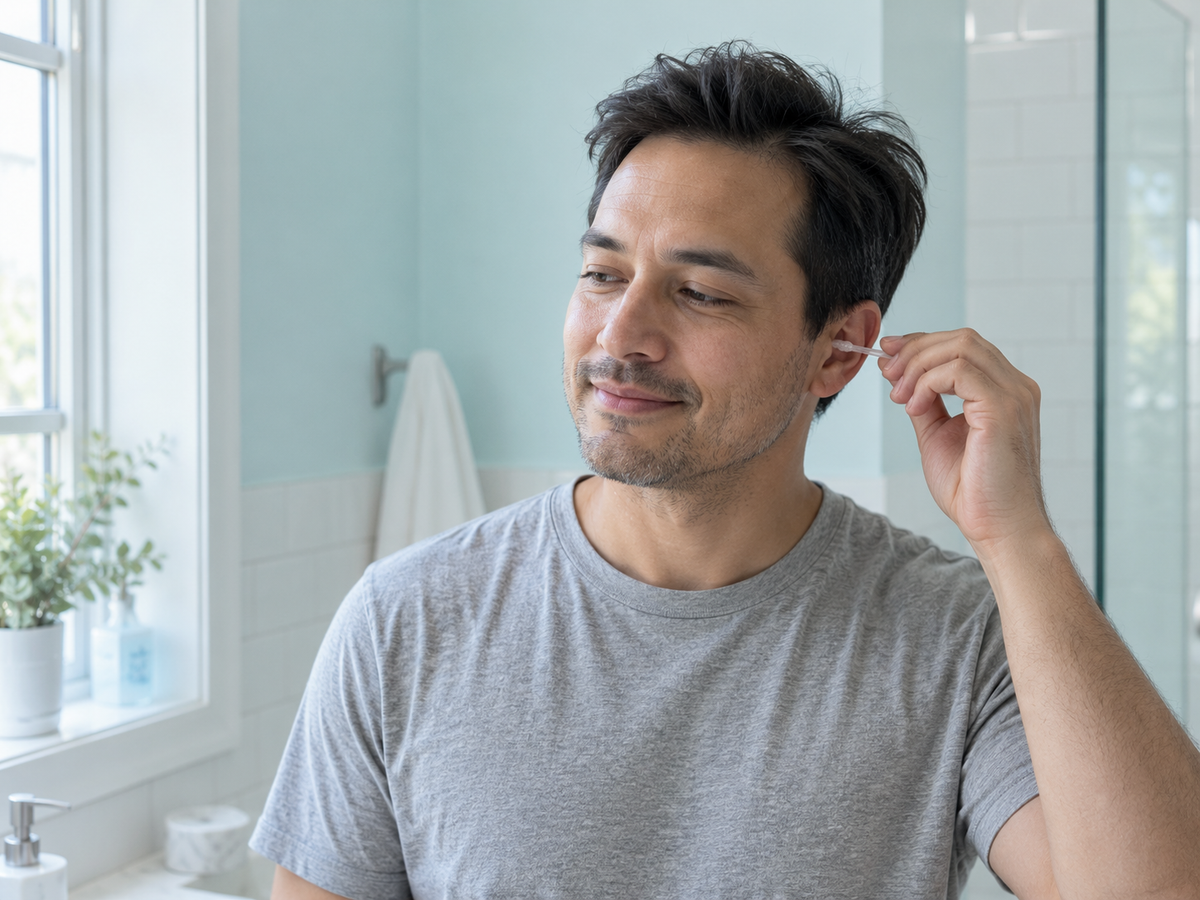 Man by a bright bathroom window using a CLARITO stick at his outer ear