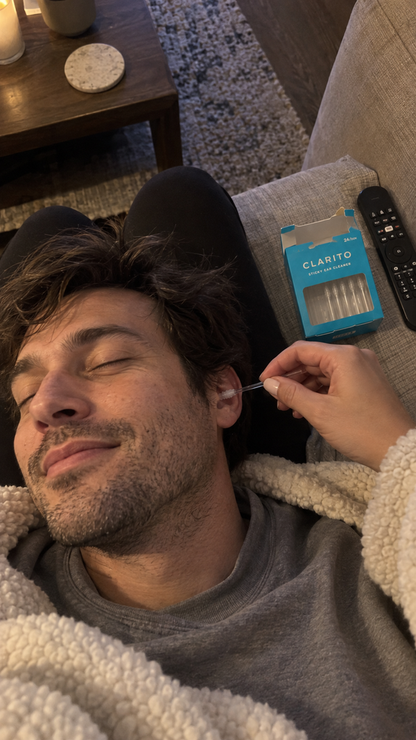 Partner gently using a CLARITO stick on a relaxed man on the couch