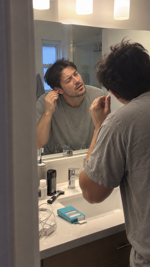 Man at the bathroom mirror cleaning his outer ear