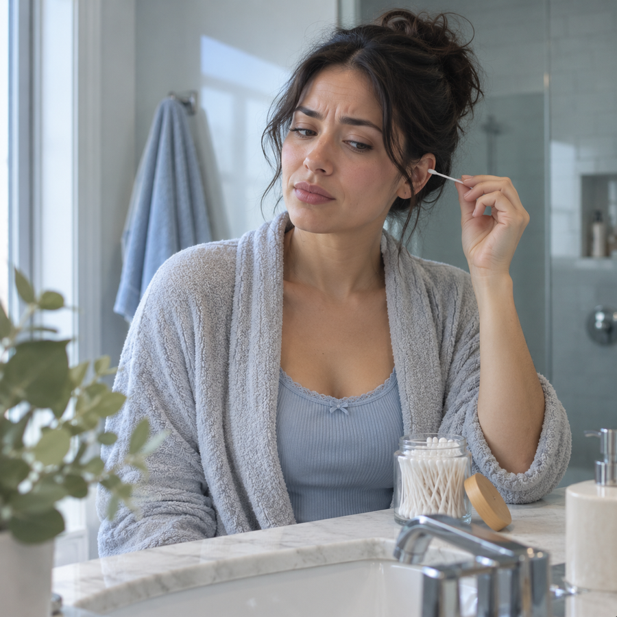 Woman at the bathroom sink holding a cotton swab, looking unsure