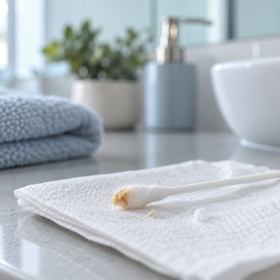 Used cotton swab with wax pressed into the cotton