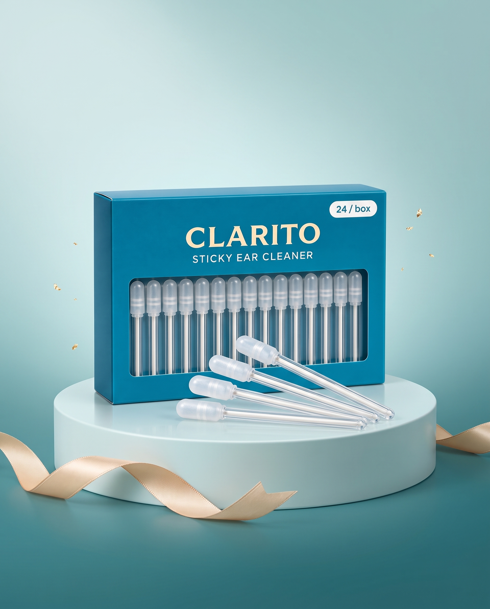 CLARITO sticky ear cleaner box on a pedestal with a gold ribbon