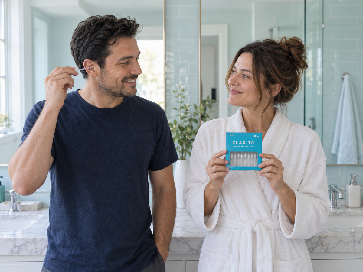 Couple in the bathroom, he uses a CLARITO stick while she holds the box