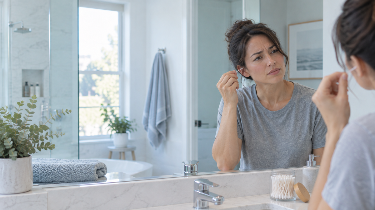 Woman at the bathroom mirror with a cotton swab, looking unsure
