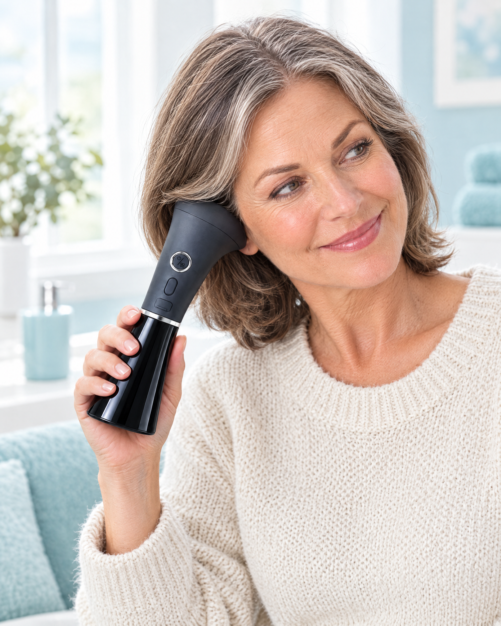Woman smiling with the ear washer cup resting around her ear