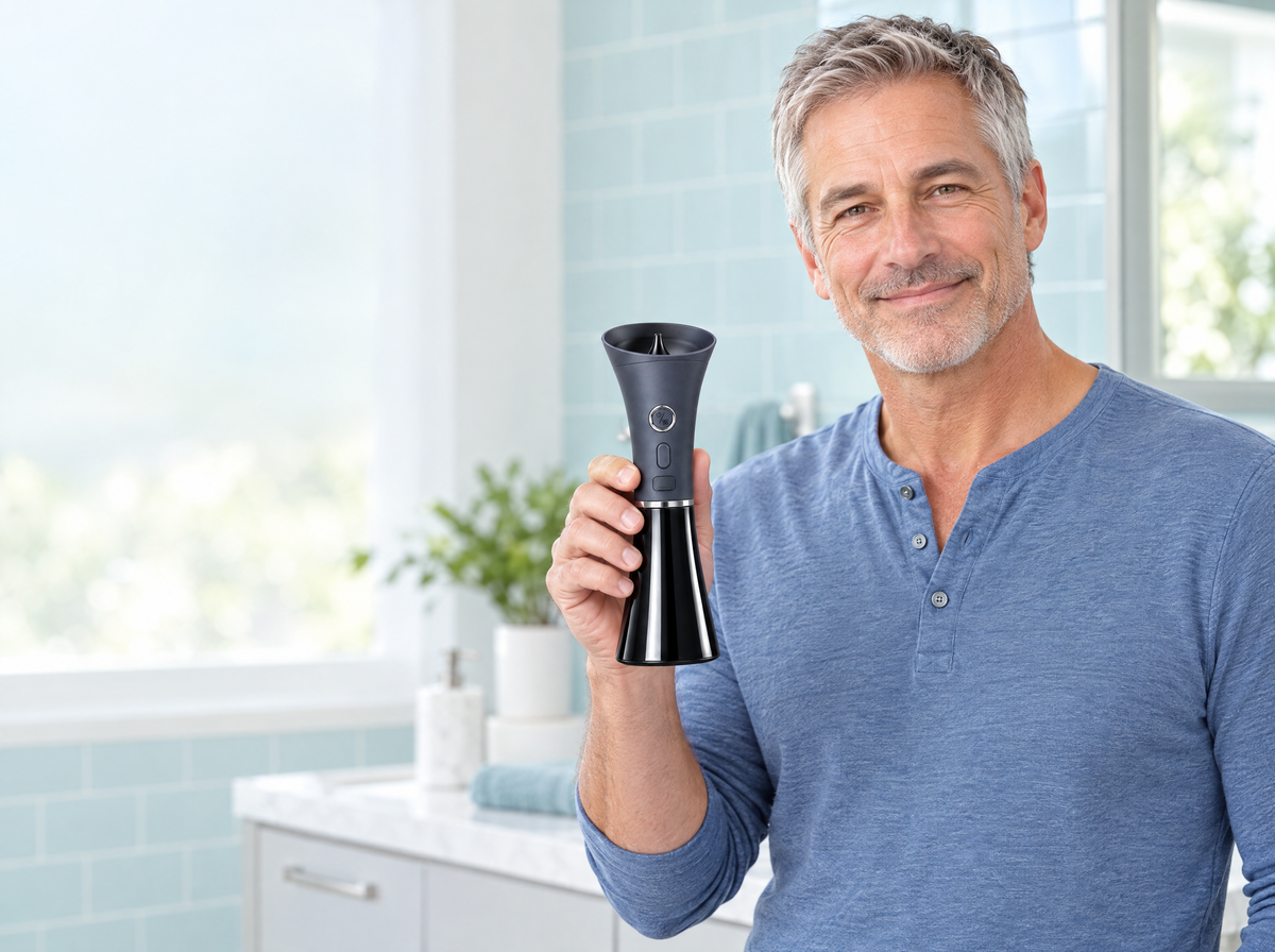 Man holding the CLARITO Ear Washer in a bright bathroom