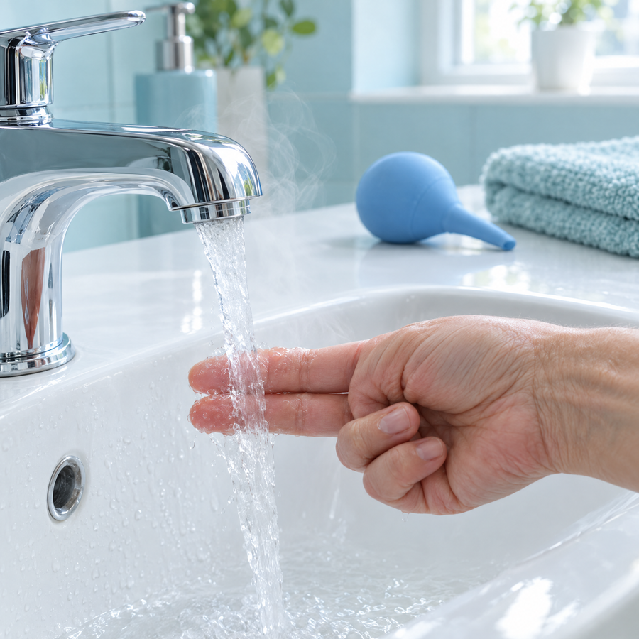 Testing the water temperature by hand under the tap