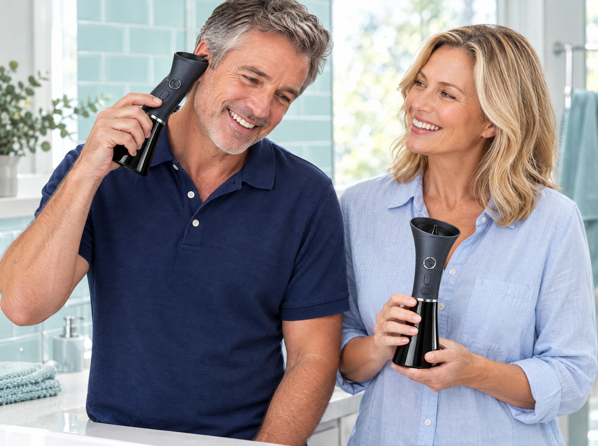 Two people at a bright vanity, one using the CLARITO Ear Washer