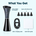 What you get: ear washer, spare soft silicone tips, USB-C cable, quick-start guide
