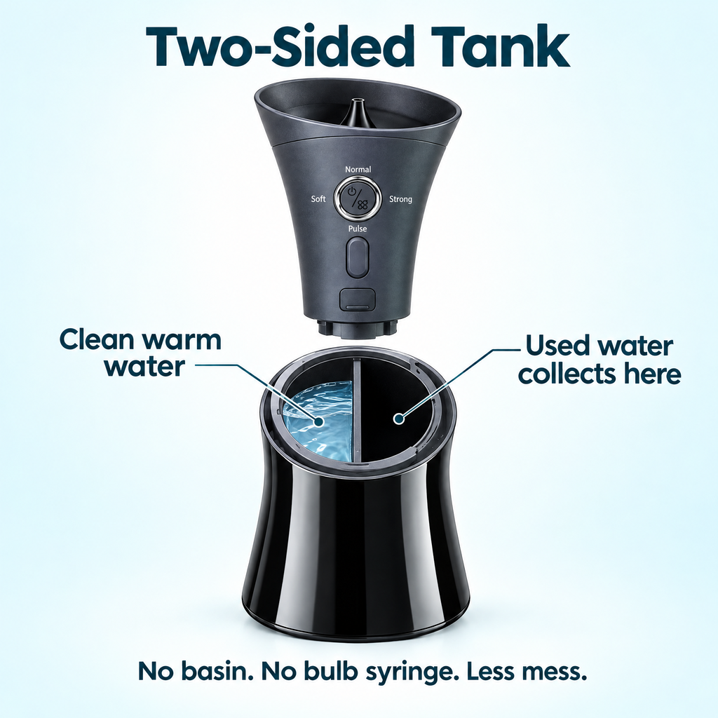 Two-sided tank: clean warm water on one side, used water on the other