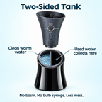 Two-sided tank: clean warm water on one side, used water on the other