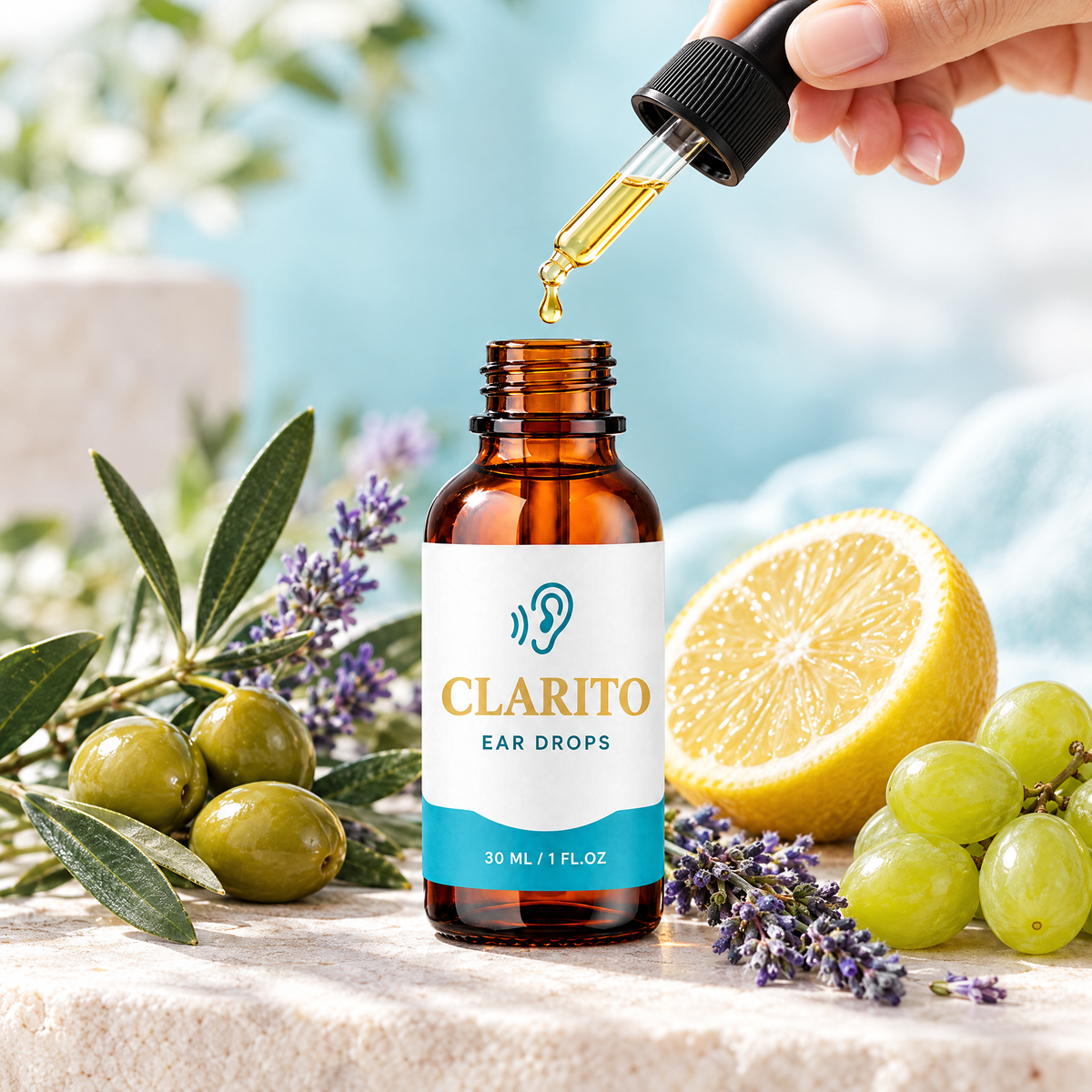 CLARITO Ear Drops with olive, lavender, lemon and grapes
