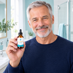 Man holding a bottle of CLARITO Ear Drops