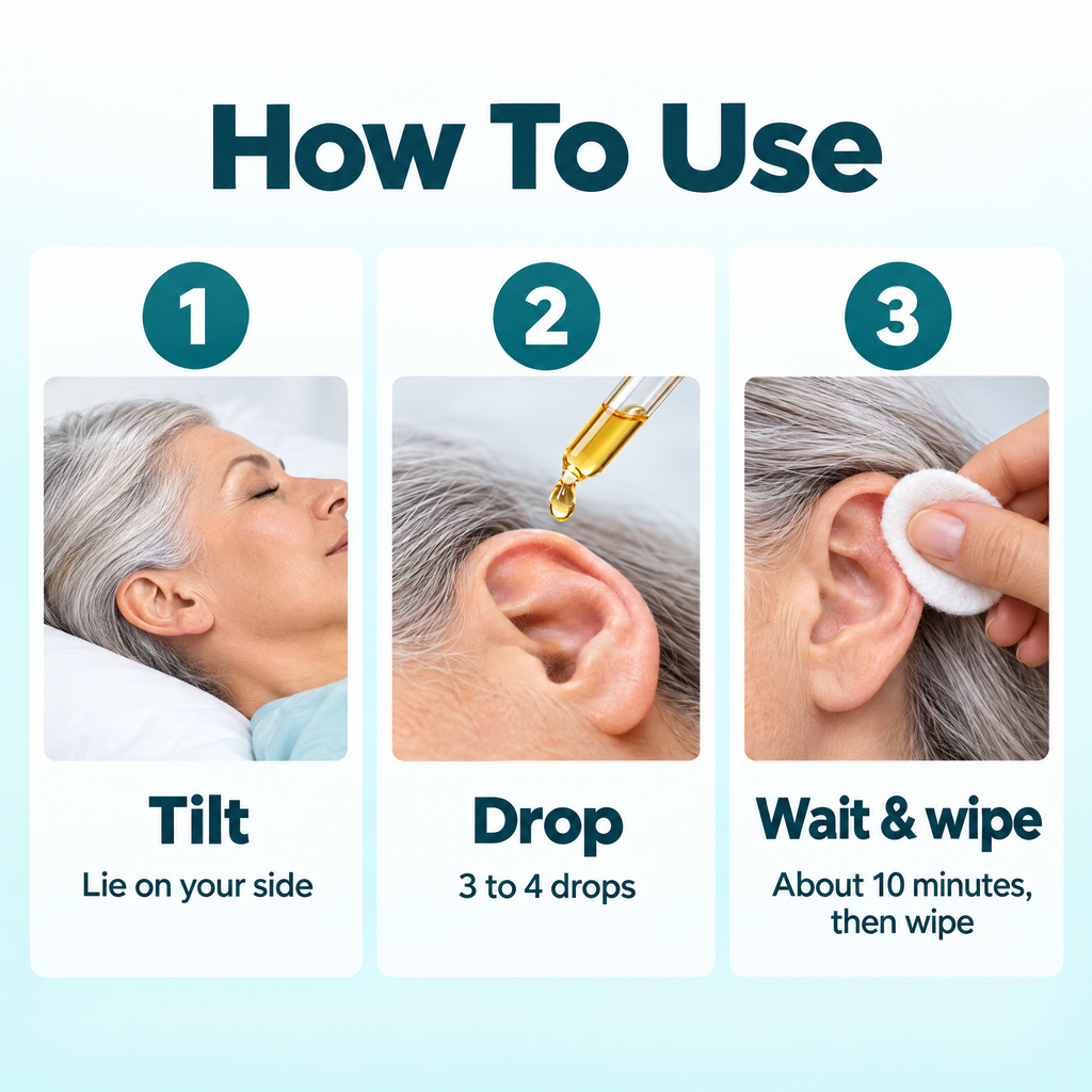 How to use: tilt, 3 to 4 drops, wait about 10 minutes and wipe